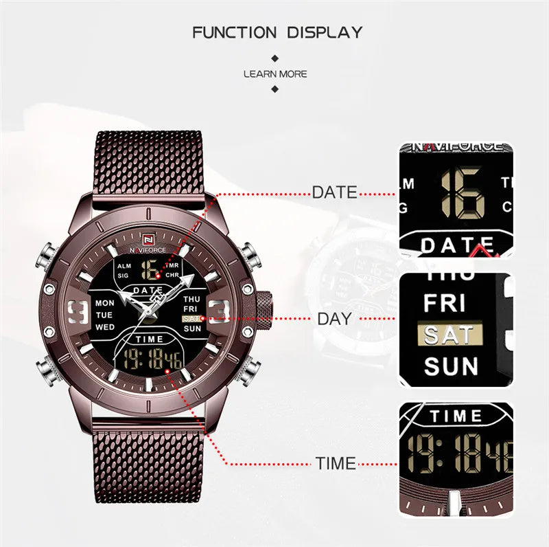 NAVIFORCE Watch Men Stainless Steel Military Army Waterproof Man Wristwatch Digital Quartz Male Clock Relogios Masculino 9153