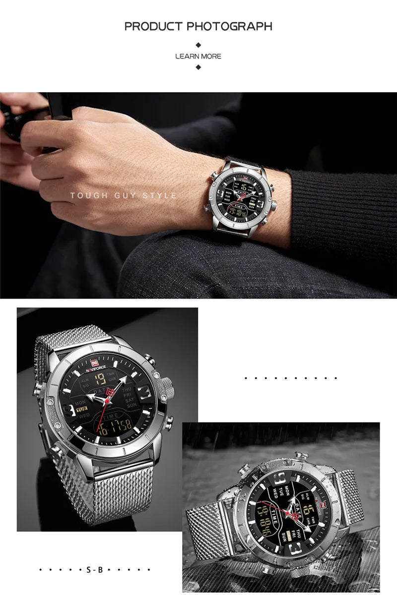 NAVIFORCE Watch Men Stainless Steel Military Army Waterproof Man Wristwatch Digital Quartz Male Clock Relogios Masculino 9153