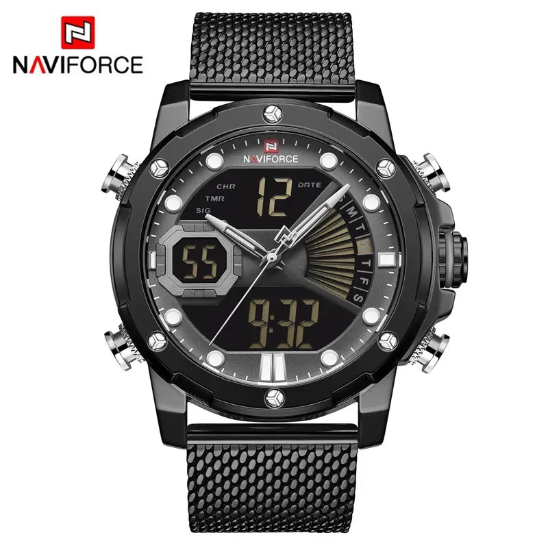 NAVIFORCE Men Watch Quartz Digital Male Clock Waterproof Sport Stainless Steel Top Brand Luxury Gold Army Man Wristwatch 9172