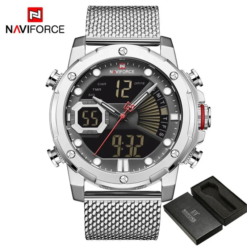 NAVIFORCE Men Watch Quartz Digital Male Clock Waterproof Sport Stainless Steel Top Brand Luxury Gold Army Man Wristwatch 9172
