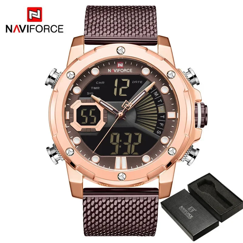 NAVIFORCE Men Watch Quartz Digital Male Clock Waterproof Sport Stainless Steel Top Brand Luxury Gold Army Man Wristwatch 9172