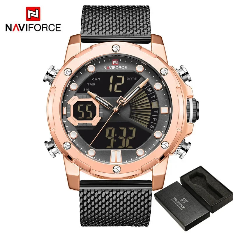 NAVIFORCE Men Watch Quartz Digital Male Clock Waterproof Sport Stainless Steel Top Brand Luxury Gold Army Man Wristwatch 9172